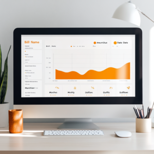 Financial dashboard displaying a calendar with due dates, bill list with statuses, and a bar chart of monthly outflows